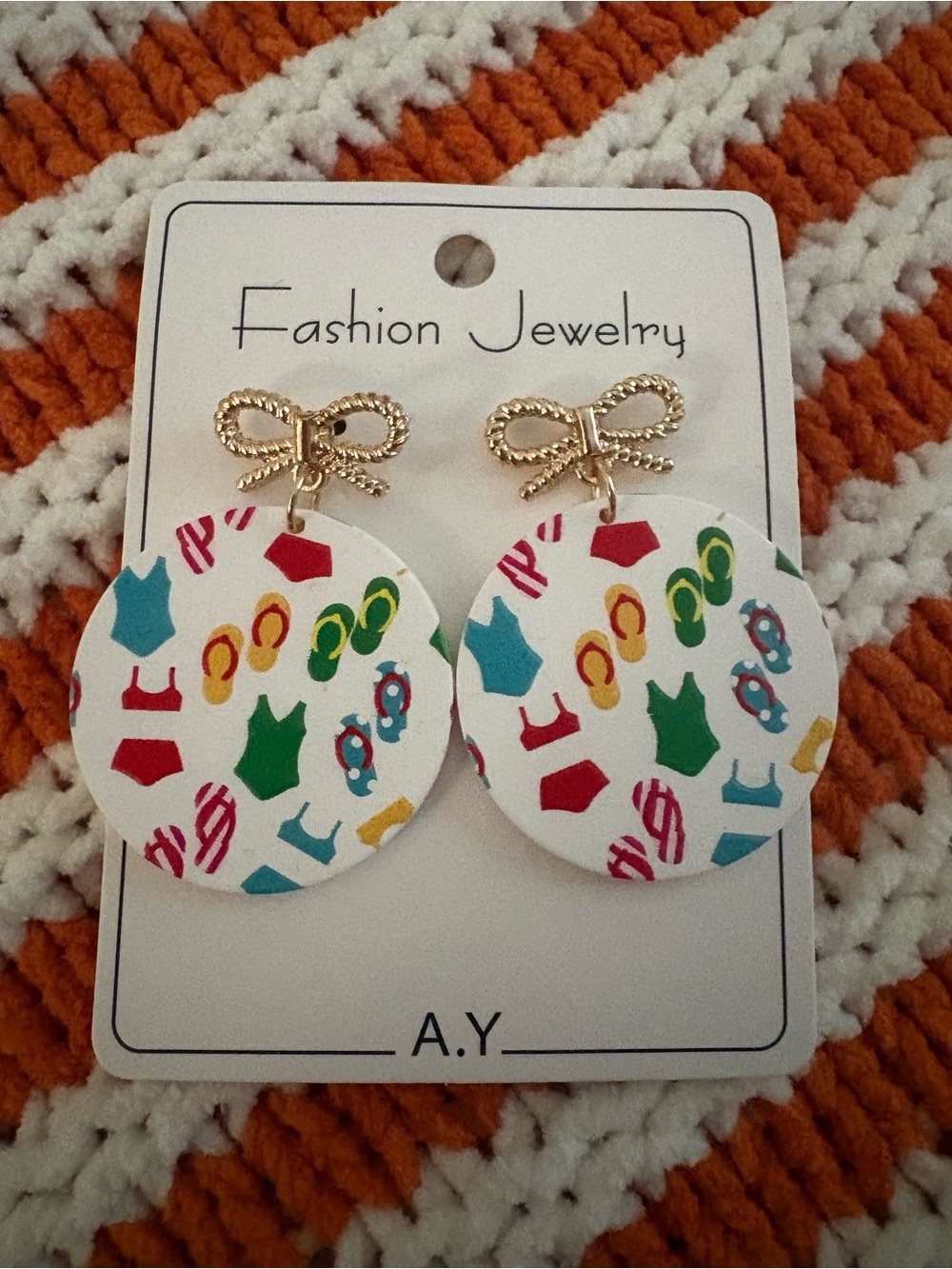 White Summer Print Dangle Earrings with Gold Bow